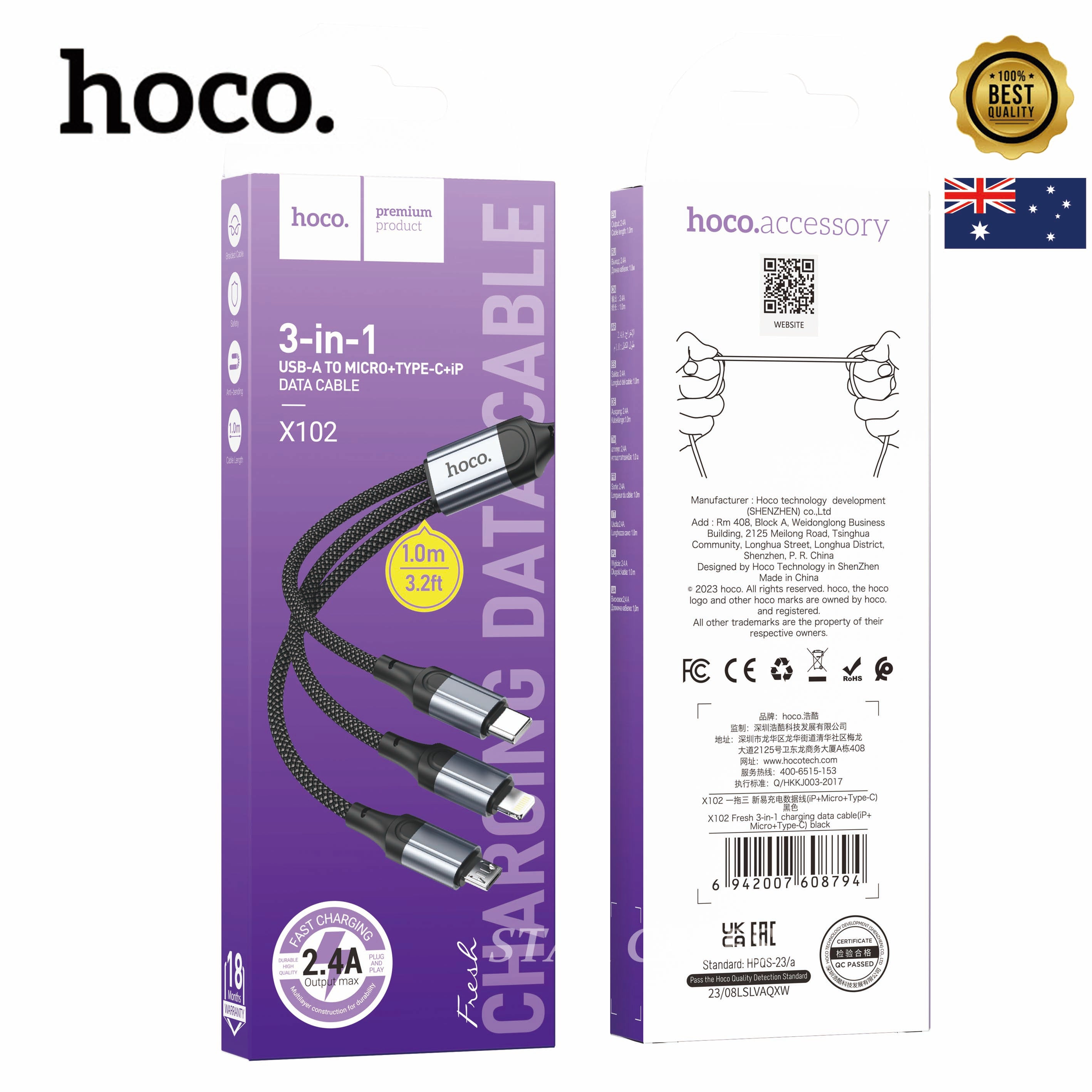 Hoco 3-in-1 USB A to Micro+Type C+Lighting Data Cable Hoco 3-in-1 USB A to Micro+Type C+Lighting Data Cable